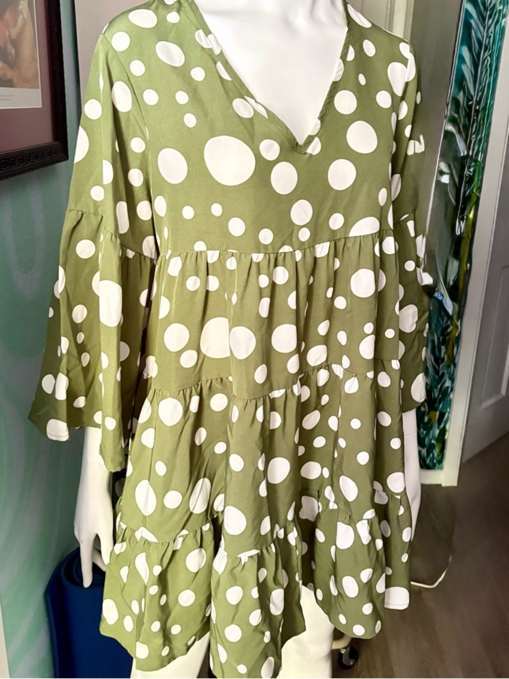 Boohoo Olive Green + White Polka Dot Tiered Mini Dress w/ Tiered Flowy Sleeves